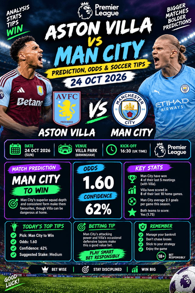 Aston Villa vs Man City Prediction, Odds & Soccer Tips – 24 Oct 2026